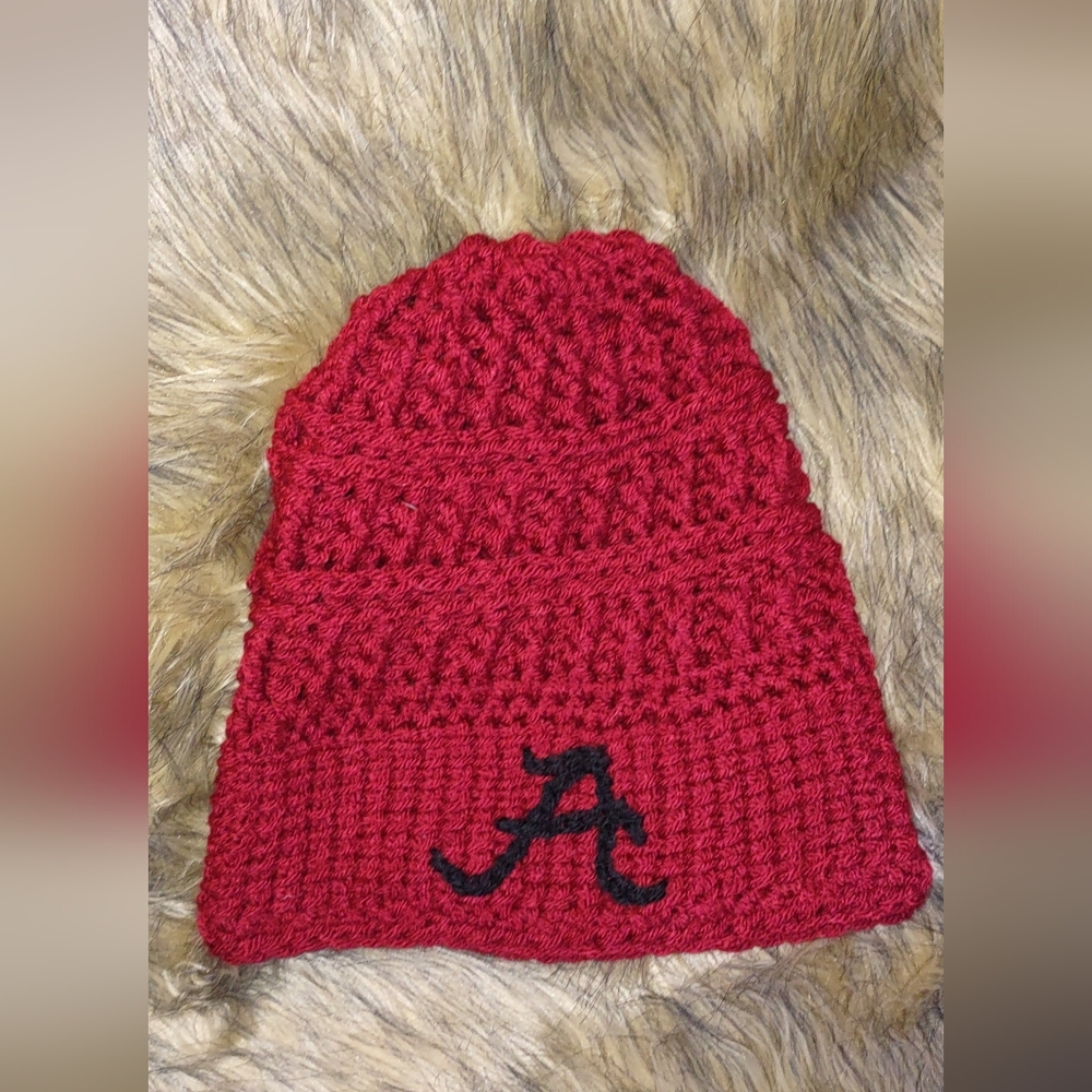 Red Crimson Textured Crochet Beanie with Black A Initial Osfm